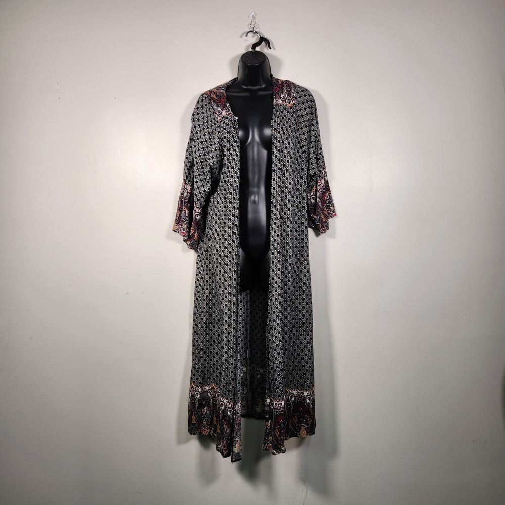 ENTRO Kimono Duster Women Small Black Geometric Open Front‎ Cardigan Dark Boho